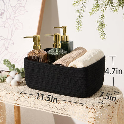 Small Storage Baskets for Organizing | Closet Organizer Bins | Shelf Toy Basket | Woven Rope Baskets | Cube Decorative Box | Shallow Basket | 11.5x7.5x4.7” | 3 Packs Black