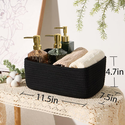 Small Storage Baskets for Organizing | Closet Organizer Bins | Shelf Toy Basket | Woven Rope Baskets | Cube Decorative Box | Shallow Basket | 11.5x7.5x4.7” | 4 Packs Black