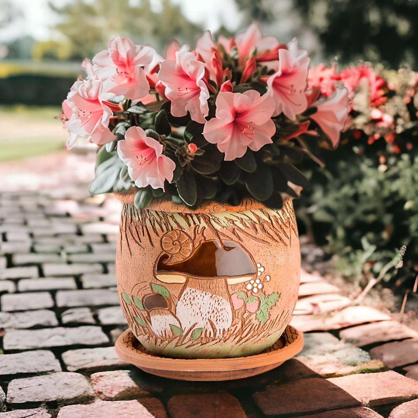 Ceramic Pot with Drainage Hole and Saucer, Plant Pots, Modern Decorative Planters for House Plants Indoor Flowers Plants, Cute Flower Pot - Gifts (Mushrooms)