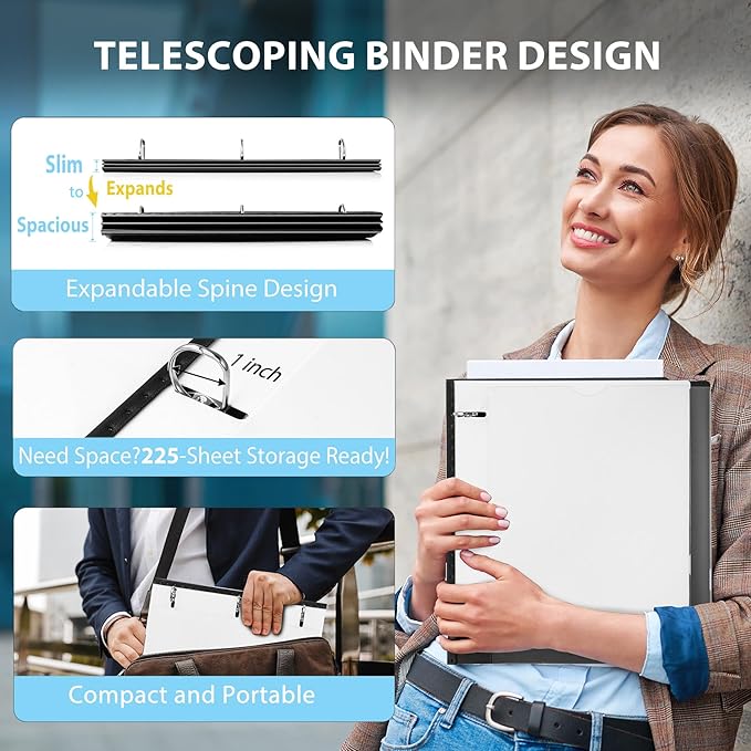 WOT I 1 Inch Telescoping 3 Ring Binder, Expandable Flexible Binder with Customizable Front Cover & Clear Catalog Pocket, Holds 225 Sheets, School Office Supplies, White
