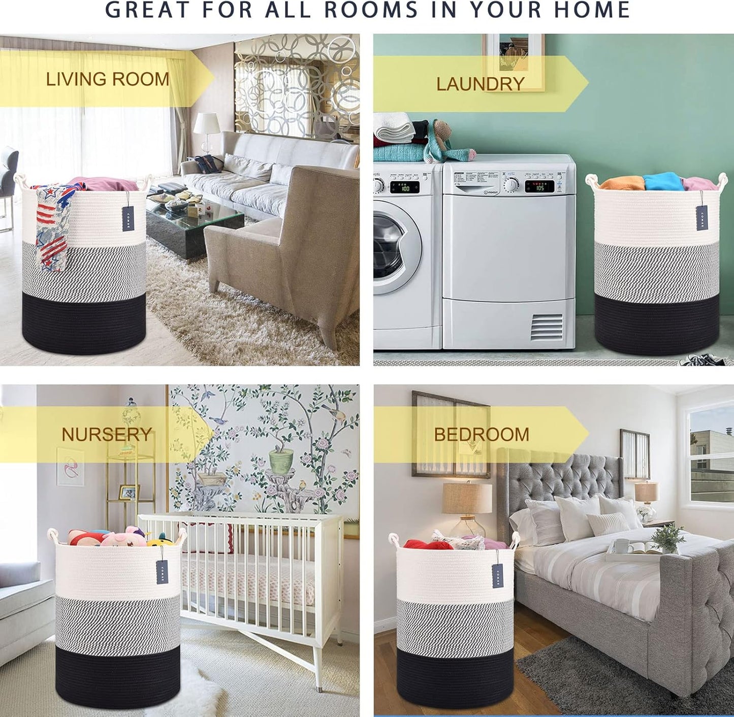 COMSE Extra Large Blanket Basket, Tall Woven Storage Basket, Nursery Hamper, 15.7”x 21.7”, Cotton Rope Laundry Hamper for Toys Clothes Towels, White/Gray/Black