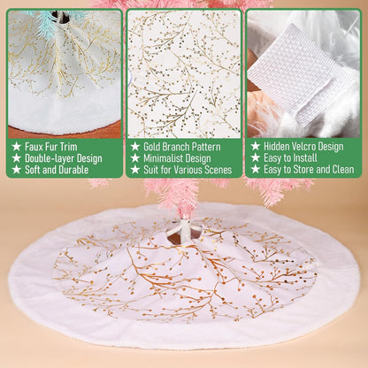 White-Gold Christmas Tree Skirt, White Faux Fur Plush Trim, Embellished with Golden Branches Pattern, Big Thick Velvet Xmas Tree Mat for Home Decoration, Gold Santa Skirt for Trees