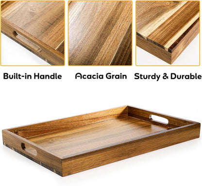 YOUEON 2 Pack Large Acacia Wood Serving Tray with Handles, 17x12 Inch Decorative Wood Trays for Serving Food, Party, Rectangle Ottoman Tray, Coffee Table Trays for Bed, Living Room, Kitchen
