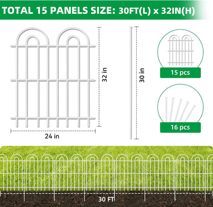 15 Panels Decorative Garden Fence, 32 in(H) X 30 ft(L) No Dig Dog Fence Outdoor for Yard, Rustproof Tall Metal Garden Fencing Animal Barrier with Ground Stakes, Temporary Fencing for Patio, White