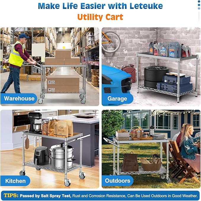 Leteuke 2 Tier Utility Tool Cart with Wheels, 900LBS Capacity Heavy Duty Rolling Utility Carts with Handle, Commercial Grade Metal Serving Storage Cart for Warehouse Garage Kitchen,Silver