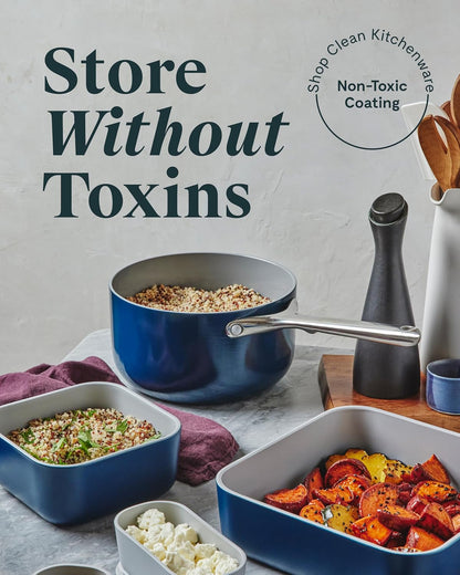 Caraway 2pc Glass Food Storage Set - 10 Cup Food Containers (2) - Ceramic Coated - Non Toxic, Non Stick Lunch Box with Lids. Dishwasher, Oven, & Microwave Safe - Cream