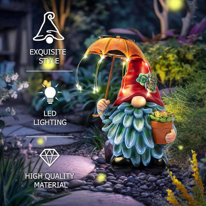 Solar Outdoor Statues Gnome Garden Decor, Garden Gnome with Solar LED Umbrella Decorative for Patio, Balcony, Lawn, Yard Ornament - Unique Gardening Gifts for Mom Grandma