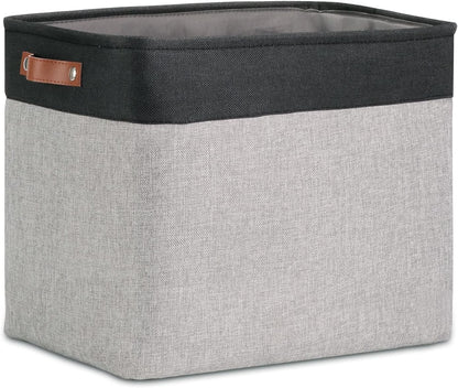 DULLEMELO Large Collapsible Storage Basket/Bin with Sturdy Leather Handles, Fabric Organizer Bin for Storage Clothes, Toys, Books, Office, Bedroom, Closet, Nursery & Laundry (Black&Gray)