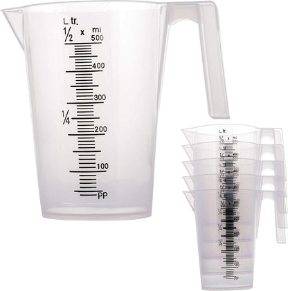 TCP Global 1/2 Liter (500ml) Plastic Graduated Measuring and Mixing Pitcher (Pack of 6) - Holds Over 1 Pint (16oz) - Pouring Cups, Measure & Mix Paint, Resin, Epoxy, Kitchen Cooking Baking Ingredients