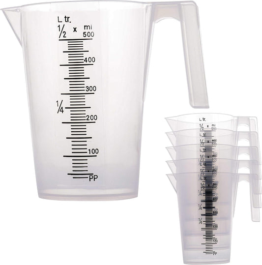 TCP Global 1/2 Liter (500ml) Plastic Graduated Measuring and Mixing Pitcher (Pack of 6) - Holds Over 1 Pint (16oz) - Pouring Cups, Measure & Mix Paint, Resin, Epoxy, Kitchen Cooking Baking Ingredients