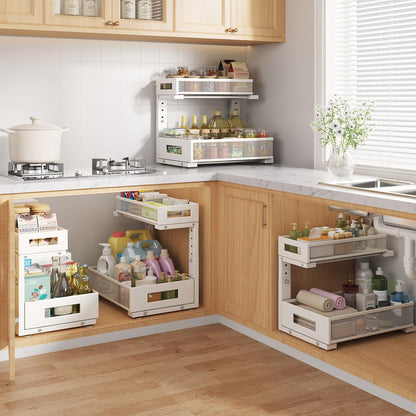 2-Pack Under Sink Storage Organizer, Large 2-Tier Elegant Mesh Pull Out Shelf for Kitchen and Bathroom Cabinet Organization, L-Shaped and Adjustable Height Design for Maximum Space Efficiency-White