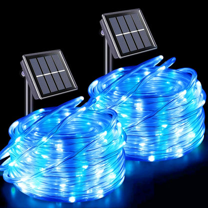 YEGUO Solar Rope Lights Outdoor Waterproof LED, 2 Pack Each 33ft 100 LED String Lights Outdoor, Clear PVC Tube White and Blue Solar Christmas Lights