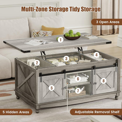 48" Farmhouse Lift Top Coffee Table with Storage Sliding Barn Door & Large Hidden Compartment, Coffee Table with Lifting Top with Wooden Lift Tabletop, Coffee Tables for Living Room, Grey