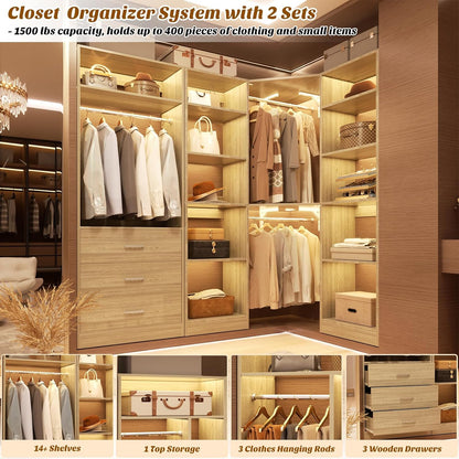 Corner Closet System with 3 Drawers, Corner Closet Organizer System with 13 Shelves & 3 Hanging Rods, 63.2"L * 39.2"W Reversible L Shaped Walk-in Closets, Load 2000+LBS, White Oak