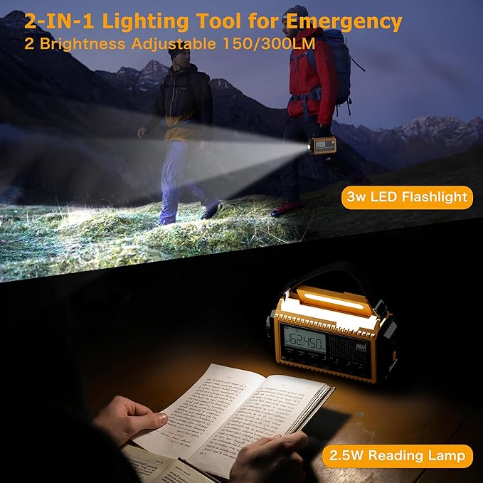 Emergency Radio 12000mAh with NOAA Weather Alert - Solar/Crank/Battery Powered AM/FM/Shortwave Radio, USB-C Charger, Portable SOS Flashlight for Hurricane, Power Outage, Camping Survival Gear