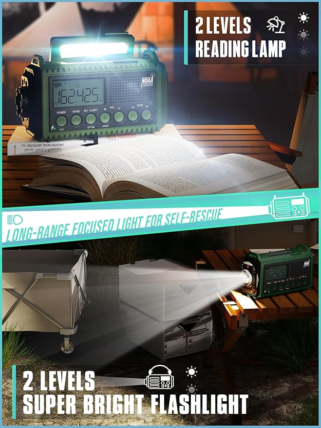 12000mAh Emergency Radio - AUTO NOAA Weather Alert, Solar Hand Crank AM/FM/SW/NOAA, Flashlight, Phone Charger, SOS Siren, Survival Kit for Camping, Storms, Power Outages