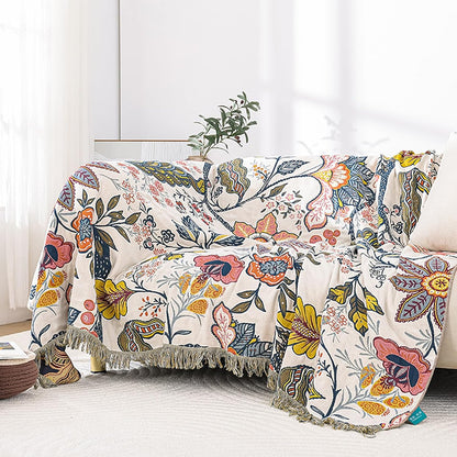 Snycler Boho Throw Blanket for Bed, 100% Organic Cotton Muslin Soft Throw-Floral Farmhouse Rustic Spring Summer Fall Decor Blanket for Couch Sofa Quilt and Gift, 80" x 90" White