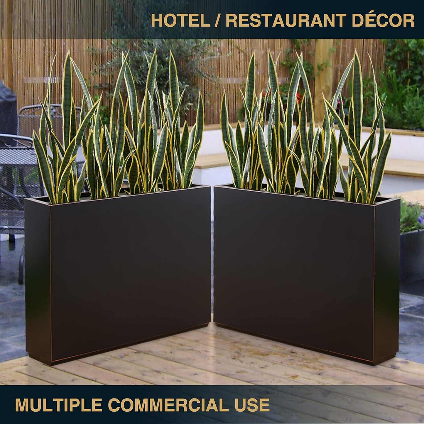 Metallic Heavy Planter for Outdoor Plants, 38Lx10Wx30H Inches Tall and Long Metal Divider Planter Box with Hand Brushed Gold Edge for Outside & Indoor, No Assembly (Black)