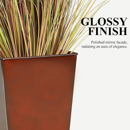 Worth Garden Large Metal Glazed Floor Planter Set of 2-14" Dia x 18" H - Luxurious Glossy Finish Red Tall Square Tapered Steel Plant Pots, Decor Flower Pot Indoor & Outdoor, Drainage Hole