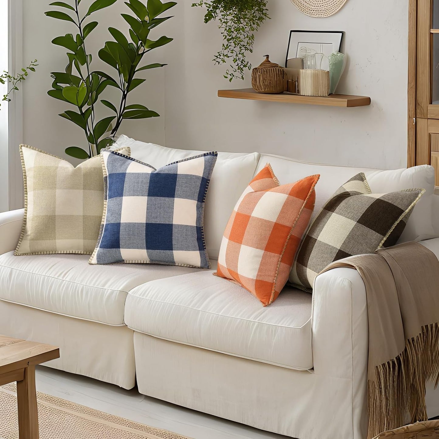 decorUhome Buffalo Plaid Check Throw Pillow Covers 16x16 Set of 2, Outdoor Decorative Farmhouse Neutral Pillow Covers with Stitched Edge for Bed Couch Sofa, Navy Blue and White