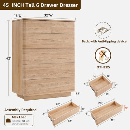 6 Drawer Dresser for Bedroom, 42 Inch Tall Modern Chest of Drawers, Push-to-Open Wood Storgae Organizer with Large Drawers for Bedroom, Living Room, Hallway, Natural Oak