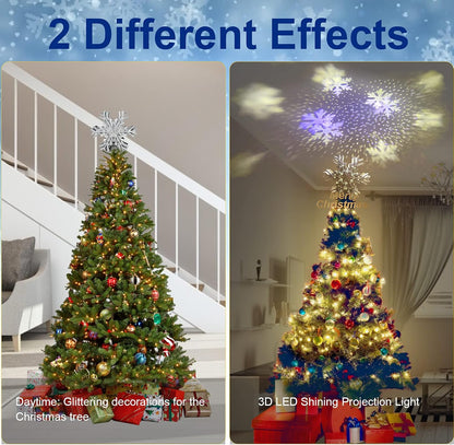 Christmas Tree Topper Lighted with Snowflake Projector, LED Rotating 3D Glitter Tree Topper for Christmas Tree, Christmas Decorations Lights (Silver)