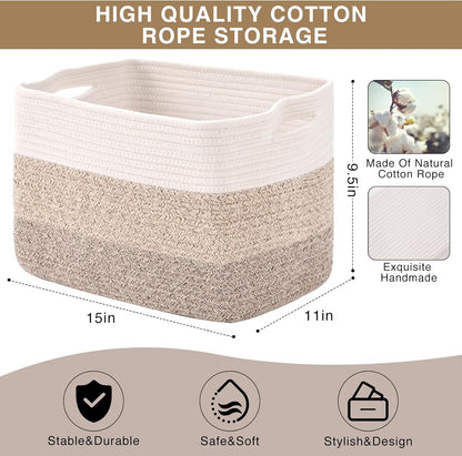 Storage Baskets for Organizing Shelves, Woven Cotton Rope Bins for Baby Nursery Organization, Book Toy Towel Organizer, 15"x11"x9.5", 3 Packs, Gradient Brown
