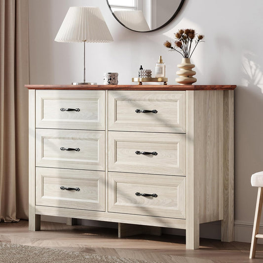 LINSY HOME Farmhouse 6 Drawers Dresser, White Wood Dresser for Bedroom Wide Chest of Drawers, French Country Storage Double Dressers Organizer for Bedroom, Living Room