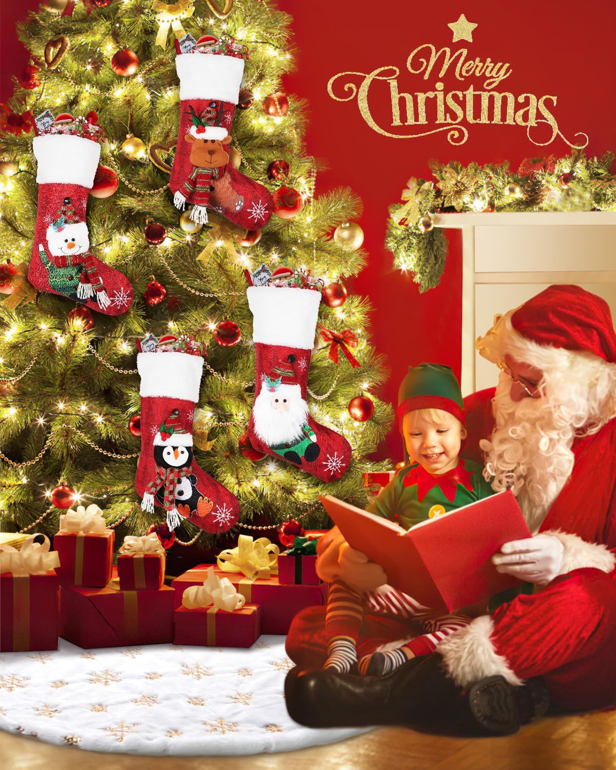 COOLWUFAN 48 Inches Christmas Tree Skirt for Xmas Tree Holiday Party Decoration White Plush Gold Sequin Snowflake (Gold)