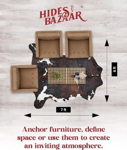 Natural Cowhide Rug for Home & Office Premium Dark Tricolor Cowhide Rug with Unique Dark Brown, Black & White Patterns- Cow Hide Rugs Made with Tanned Leather - Cow Hide Rugs 6x6-7 ft