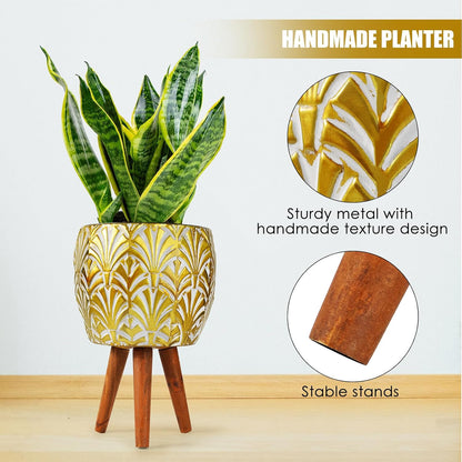 Harvest Land Plant Pots with Stand, Set of 2 Large Modern Planters Metal Tall Handmade Flower Pots with Drainage Holes Indoor Outdoor,Gold