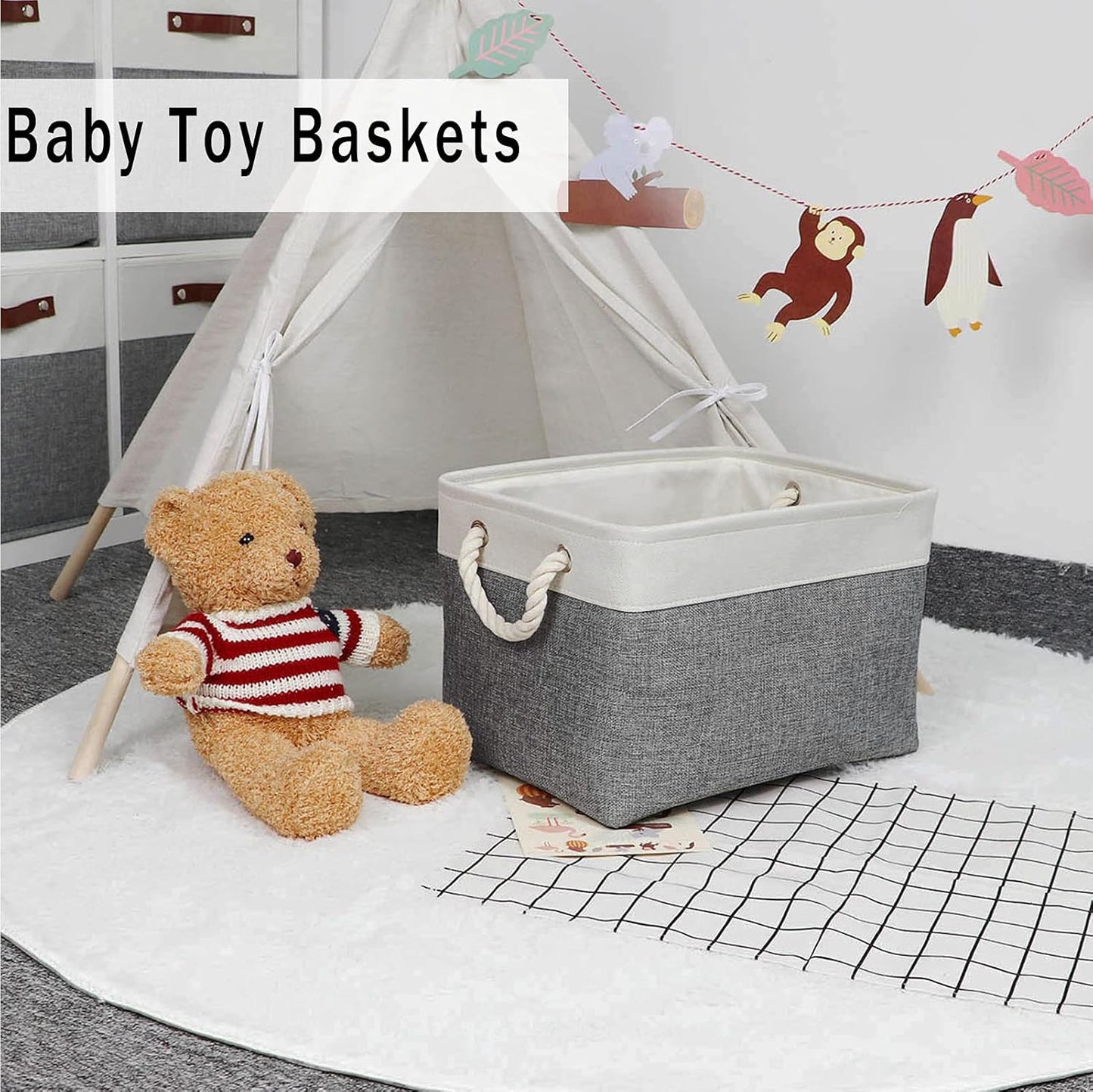 HNZIGE Large Fabric Storage Baskets (3 Pack) - Foldable Gift Baskets with Rope Handles, Decorative Organizers for Home (White & Gray, 15" x 11" x 9.5")