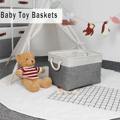 HNZIGE Large Fabric Storage Baskets (3 Pack) - Foldable Gift Baskets with Rope Handles, Decorative Organizers for Home (White & Gray, 15" x 11" x 9.5")