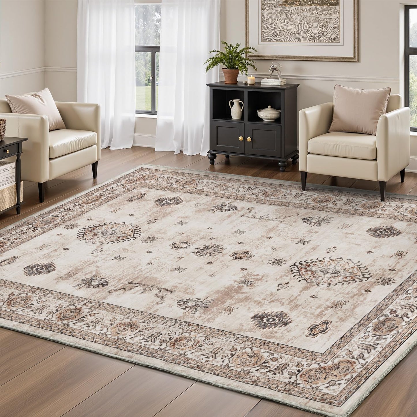 AMOAMI-Vintage Area Rug 4x6 Brown Rugs for Living Room-Soft Living Room Rug Non Slip Rugs for Bedroom Carpet Machine Washable Rug for Dining Room Bedside Office Room Decor