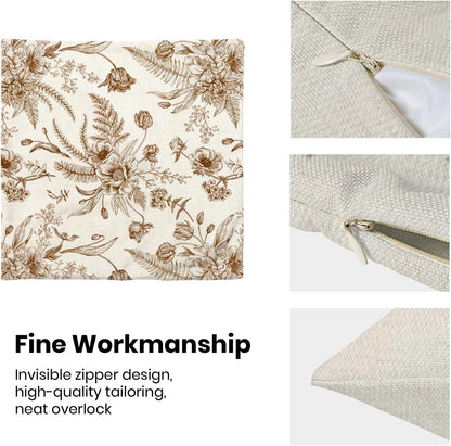 CXMEIFLY Spring Floral Leaves Pillow Covers 16 x 16 Inch Set of 2 for Chinoiserie Flowers Decor Throw Pillows Brown and White Seasonal Plant Outdoor Decorative Cushion Cases for Couch Bed Decorations