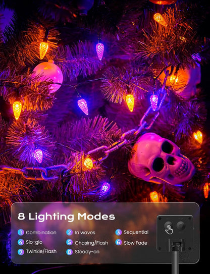 Brightown Solar Operated C6 Halloween Outdoor Lights, 22.64ft 50 LEDs Orange Purple Halloween Lights, Strawberry LED Fairy Lights, Solar Waterproof String Light for Tree, Garden Decor Outdoor