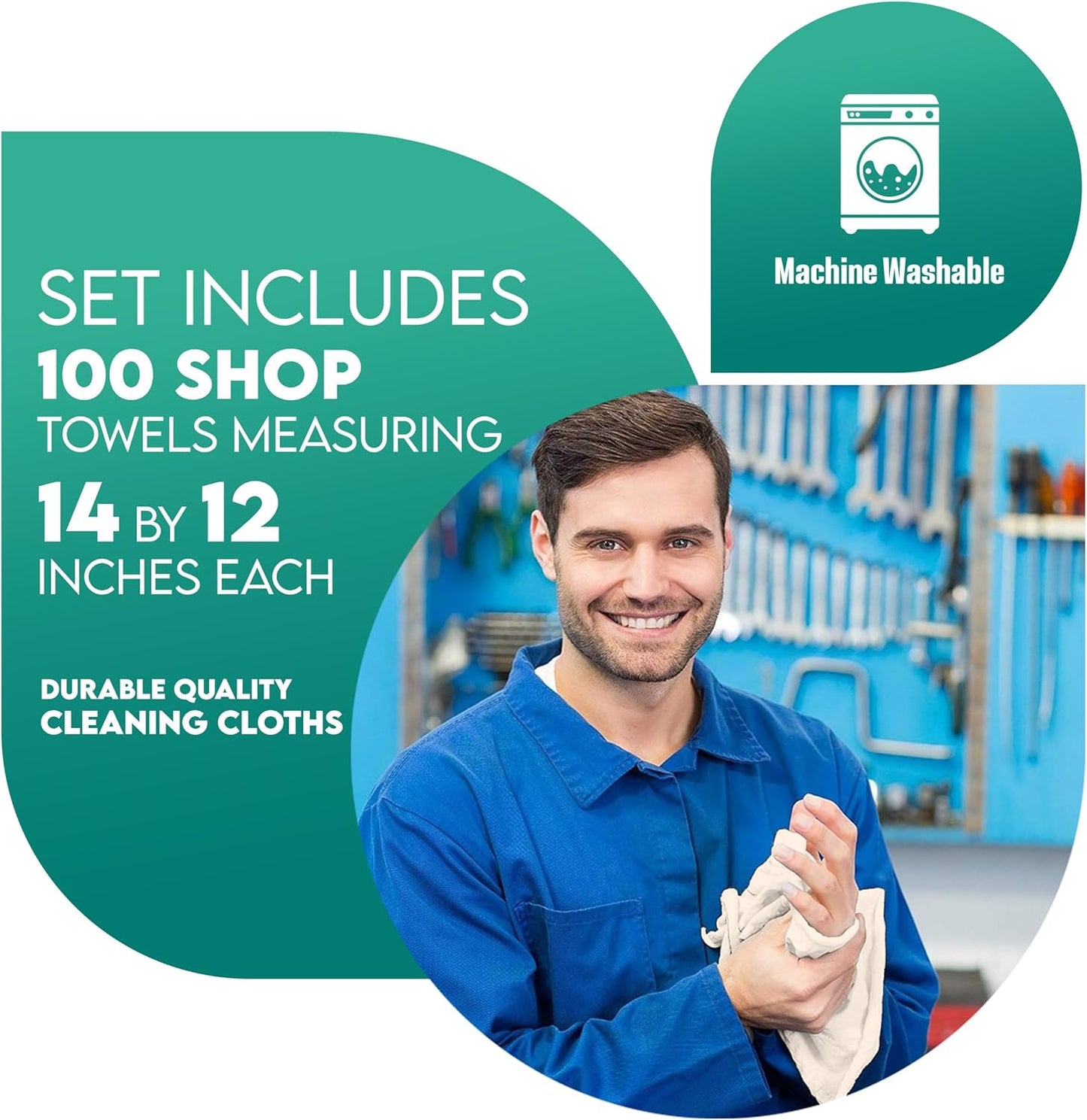 ZUPERIA Cotton Shop Towel – Multipurpose Cleaning Cloths (14" x 12" - Pack of 150 - White) Reusable Shop Rags for Automobiles, Industrial, Restaurants, Garage, and Homes