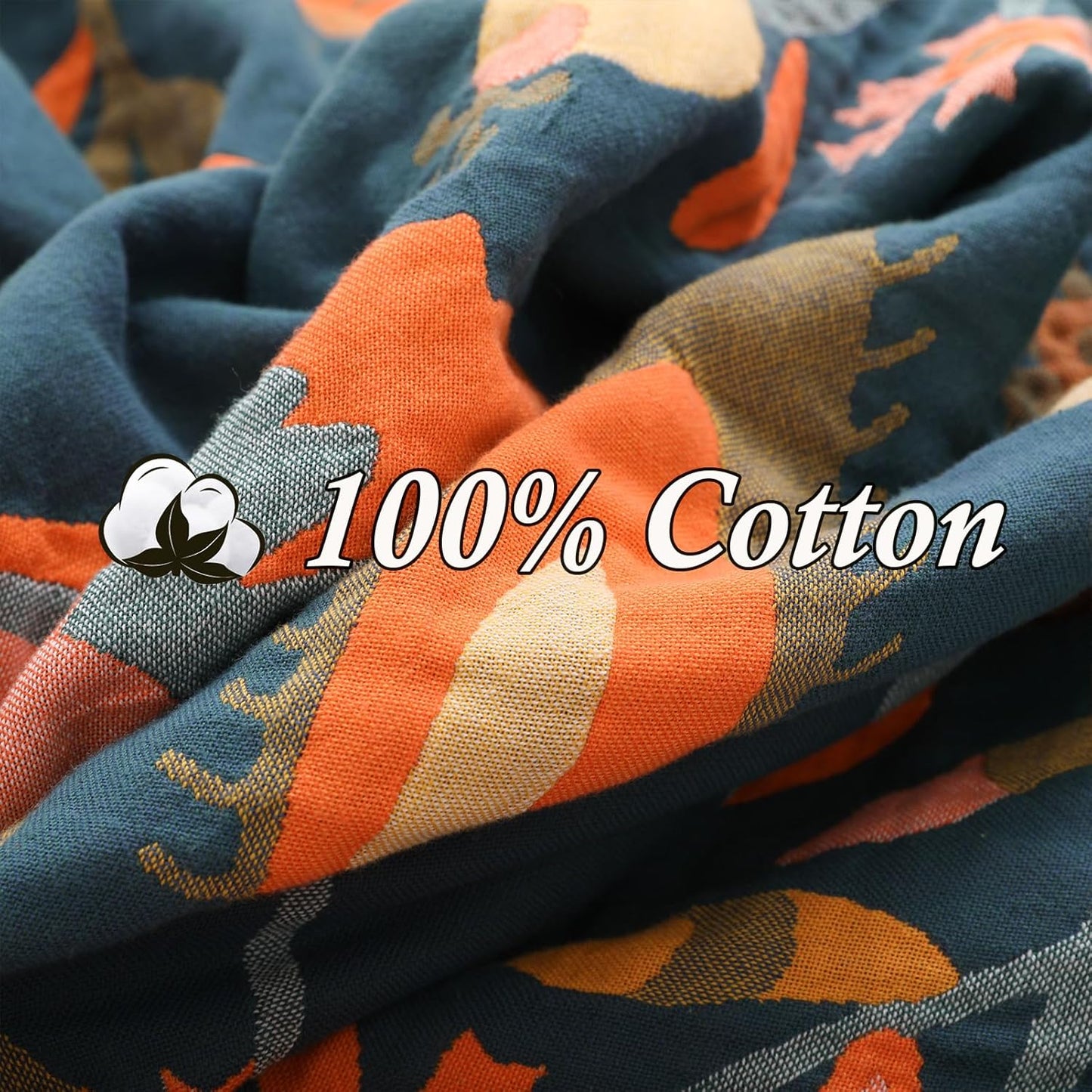 Snycler Boho Throw Blanket for Bed, 100% Organic Cotton Muslin Soft Throw-Orange Boho Floral Farmhouse Rustic Spring Summer Fall Decor Blanket for Couch Sofa Quilt and Gift, 80" x 90"
