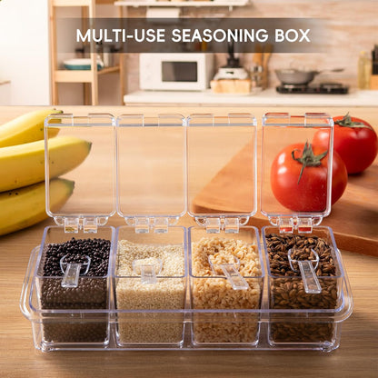 Clear Seasoning Box, 4 Pieces Seasoning Rack Spice Pots, Storage Container Condiment Jars Acrylic Seasoning Box with Covers and Spoons for Spice, Sugar, Salt, Sugar, Cardamon, Cinnamon