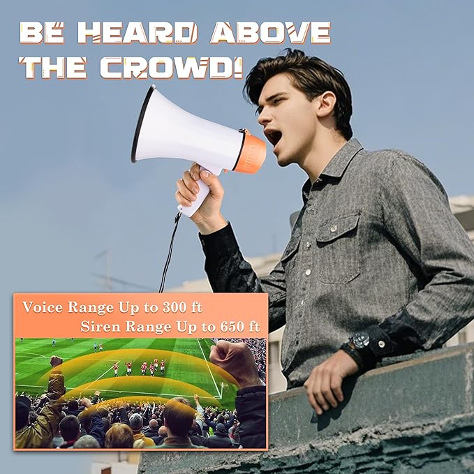 MyMealivos Portable Megaphone Bullhorn 20 Watt Power Megaphone Speaker Voice and Siren/Alarm Modes with Volume Control and Strap (White&Orange)