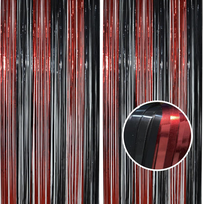 BRAVESHINE Tinsel Photo Backdrop Curtains - 2 Pack 3.2x8.2ft Black Red Foil Fringe Streamer Curtain for Halloweens, Lantern, Pumpkin, Home, Indoor or Outdoor Party Supplies Decorations