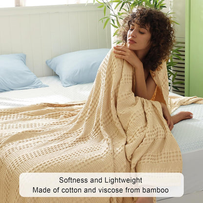 PHF Cooling Waffle Blanket Twin Size, Lightweight 60% Rayon Derived from Bamboo & 40% Cotton Breathable Blanket for Hot Sleepers, Soft and Luxury for Bed Couch and Sofa, 66"x90", Beige