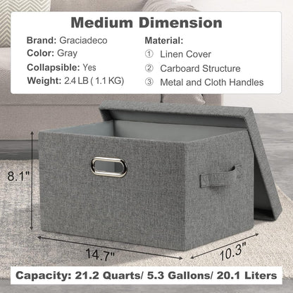 Medium 15" 21 Quart Collapsible Stackable Storage Bins with Lids, 5 Packs Grey Foldable Fabric Closet Boxes Heavy-duty Linen Cube Baskets Container for Bedroom Office (15 x 11 x 8)