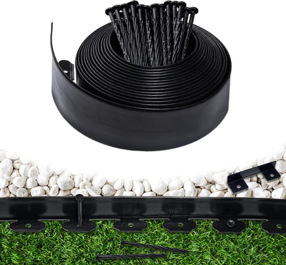 Landscape Edging Border 33 FT 4 Inch Tall with 60 Spikes, Plastic Edging for Landscaping, Garden Edging Border， Flower Bed, Paver and Lawn Edging Border, Black