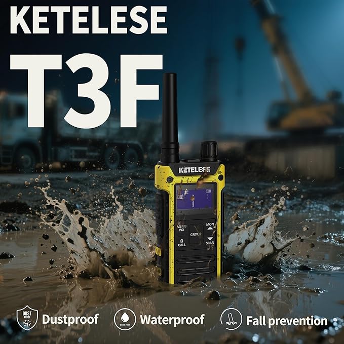 KETELESE T3F Walkie Talkies 6 Pack for Adults, IP67 Waterproof 2 Way Radios Rechargable, with Earpiece and Mic, Shock Resistant, Dual PTT, One Key Group Call, VOX, NOAA&Wheather Alert, Black/Yellow
