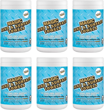 Magic Heavy Duty Cleaning Wipes - Dual Sided Hand & Surface Shop Towels | Professional-grade Cleaning | Waterless | Moisturizing | Cleans Grease, Oil, Dirt, & more (6 Pack | 420 Sheets Total)