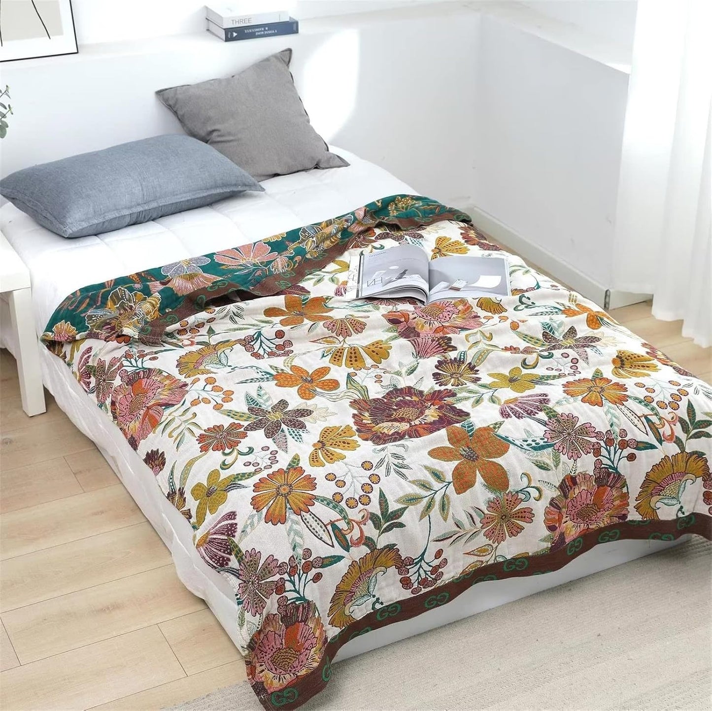 MSGKV Boho Throw Blanket for Bed Couch,100% Cotton Blankets 80''x 90'', Reversible Versatile Muslin Blanket, Super Soft Warm Boho Bedding Blankets