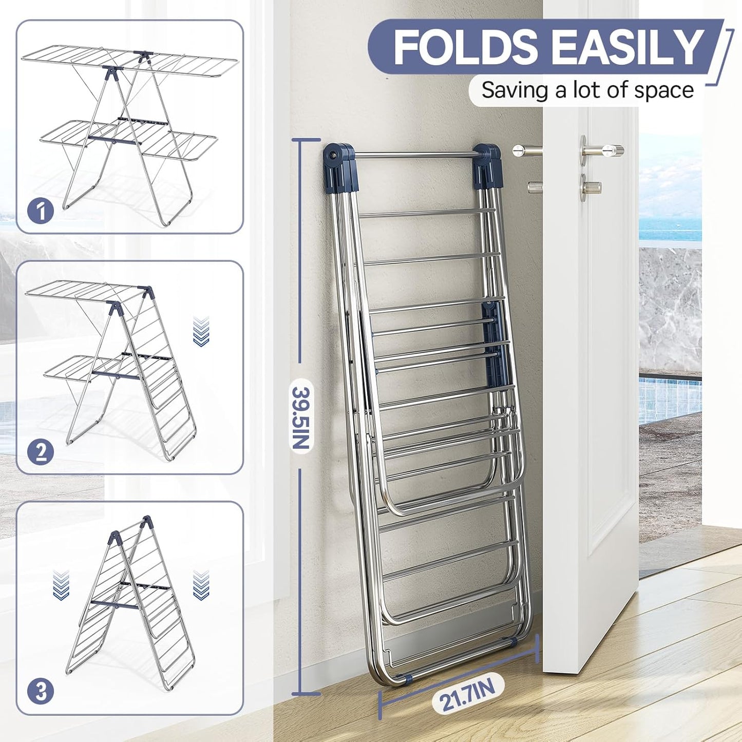 APEXCHASER Clothes Drying Rack with 4 Wings, Drying Rack Clothing with Height-Adjustable, Foldable Gullwings Laundry Drying Rack, Indoor Outdoor Use, No Assembly, Blue