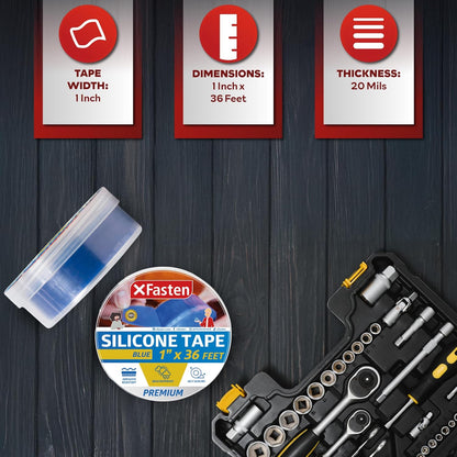 XFasten Self Fusing Silicone Tape Waterproof – 1" x 36 Feet Blue, Self Amalgamating Tape, Silicone Rubber for Plumbing, Sealing Pipes, Hose Repair, Outdoor Coax and Electrical Cables – Weatherproof