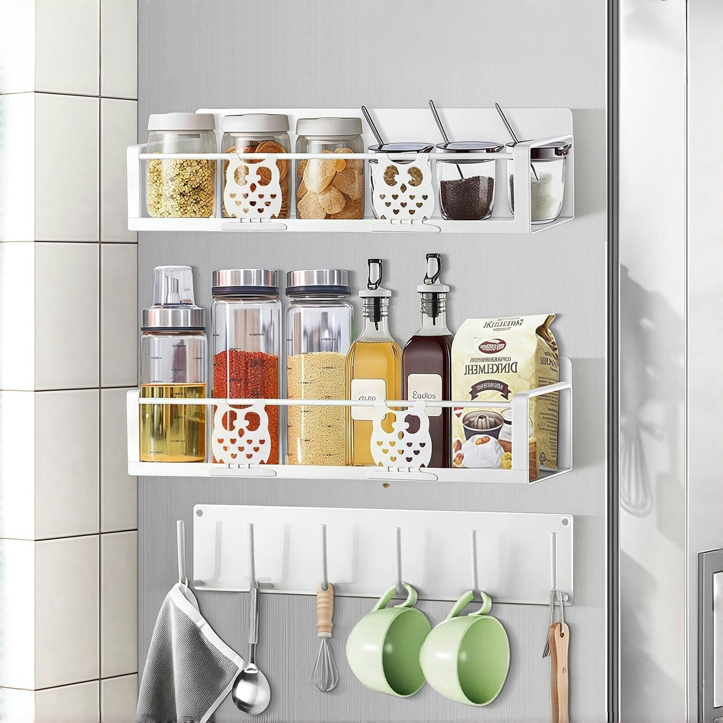 Magnetic Spice Rack,Magnetic Shelf for Fridge,Spice Organizer,Fridge Organizer,Kitchen Storage Organization with Magnetic Hooks,Owl Home Decor(White)